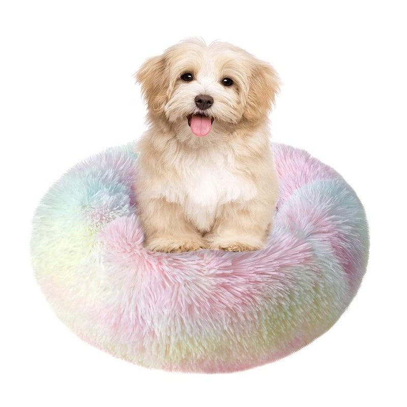 otoez Kitten Puppy Bed Extra Small XS Round Dog Cat Beds Anti Anxiety Plush Pet Calming Donut Bed with Non-Slip Waterproof Bottom, Washable (15.7", Rainbow) - Image 1